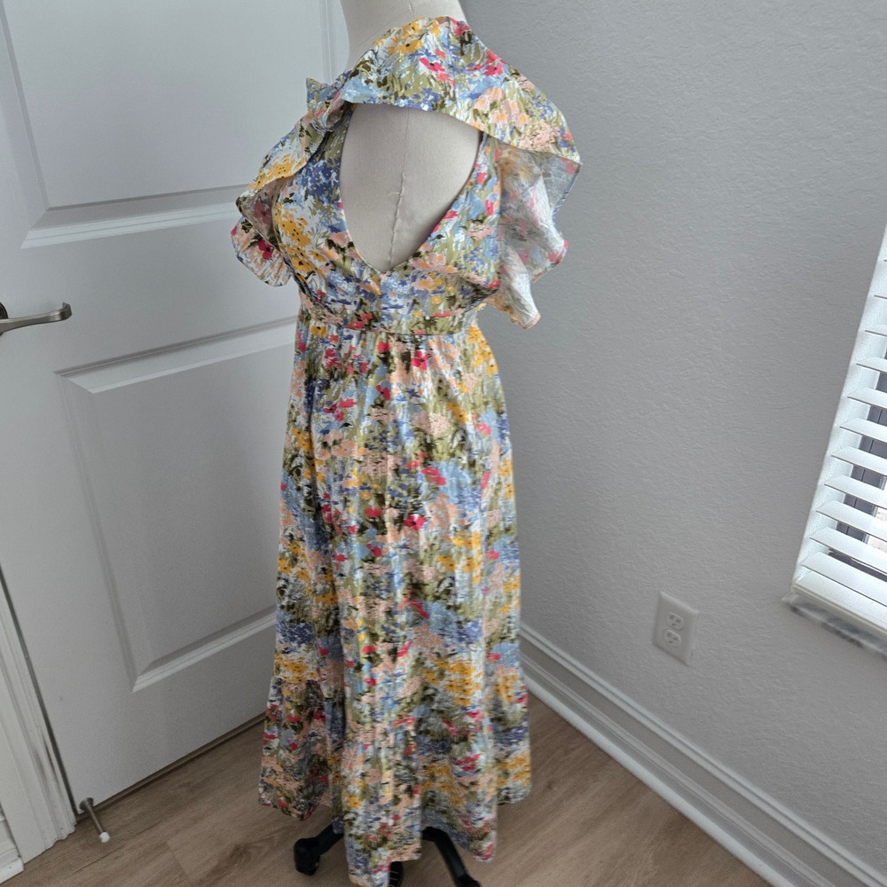 Reformation Reina Floral Ruffle V-Neck Open Back Midi Dress Multi-Color Size 2 - Picture 5 of 8